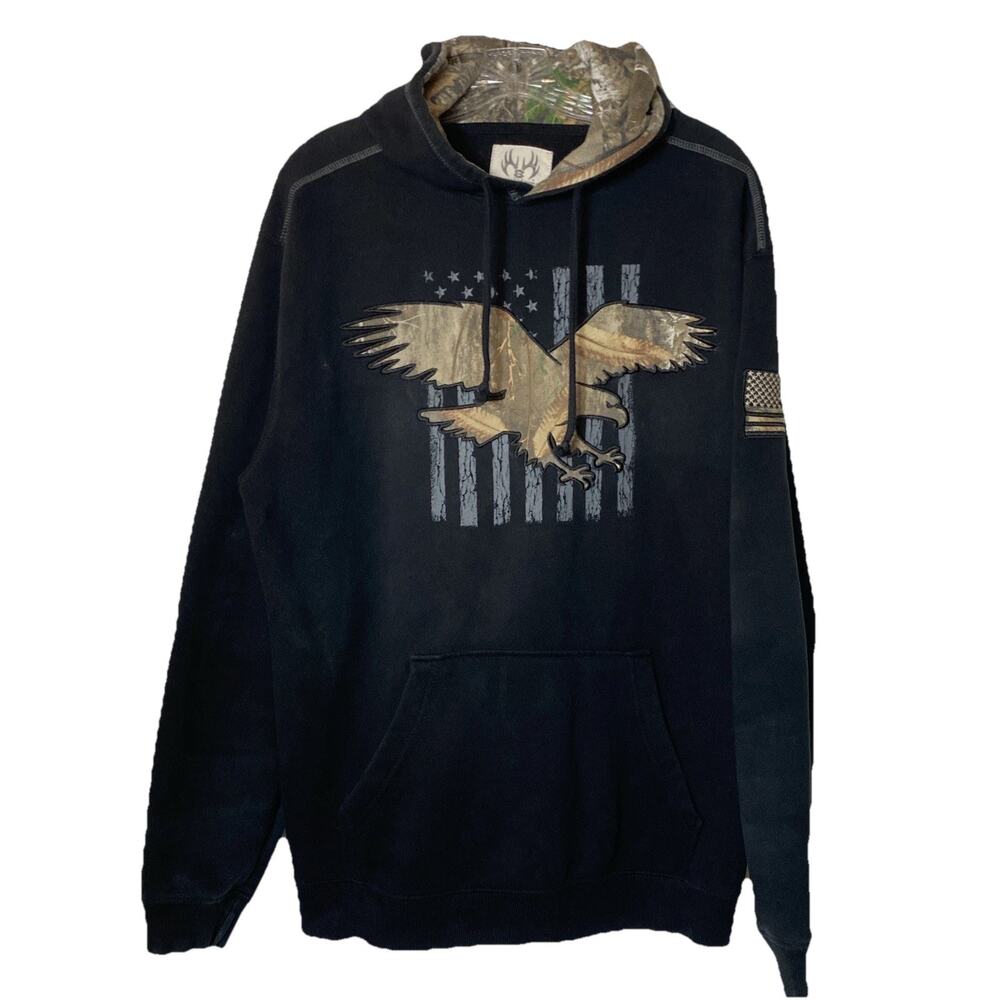 Men’s Buck Wear Large Black Hoodie Eagle Flag Camo Embroidered USA Hunting